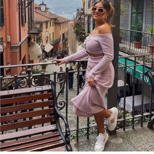 New cropped light purple lavender button up sweater with matching skirt